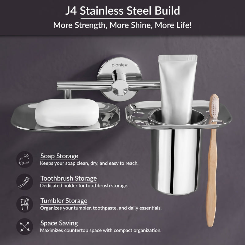 Plantex J4 Stainless Steel 2in1 Soap Dish with Tumbler Holder/Soap Stand/Tooth Brush Holder/Bathroom Accessories - (Chrome)-3
