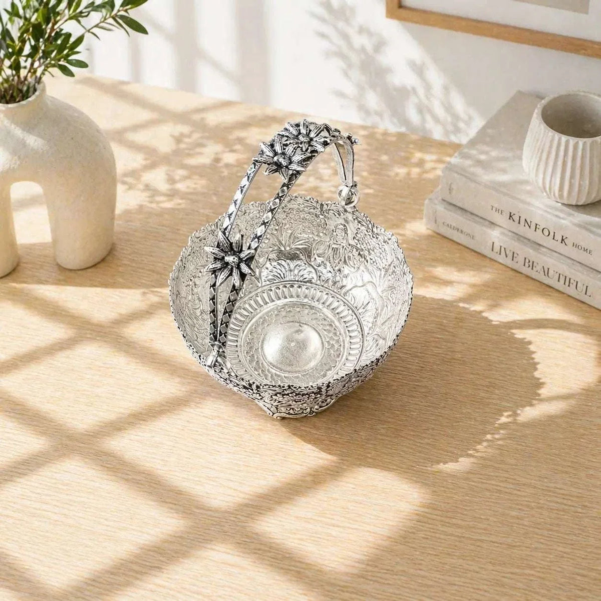 Brass Silver Plated Krishna With Cow Design Basket with Handle (5.5 Inch)
