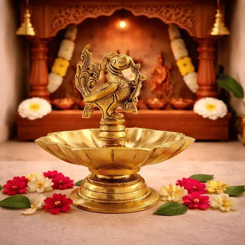 Brass Peacock Eight Petal Diya (5.5 Inch)