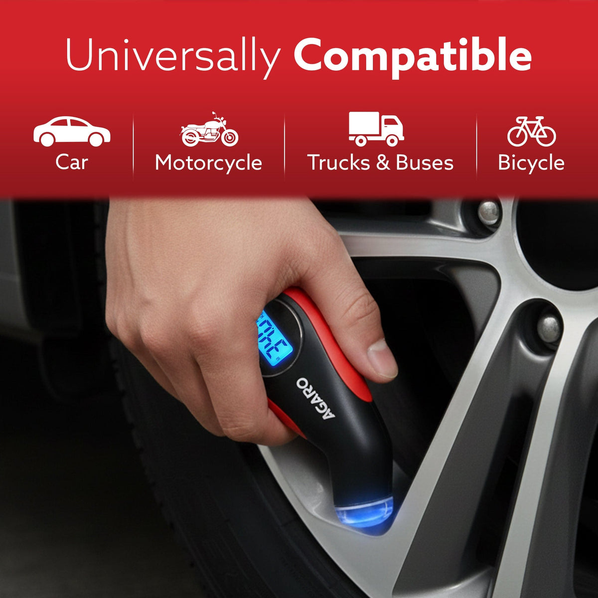 AGARO Digital Tyre Pressure Gauge, 0–150 PSI, 4 Units, Backlit LCD, Non-Slip Grip & LED Nozzle, Portable Tyre Pressure C