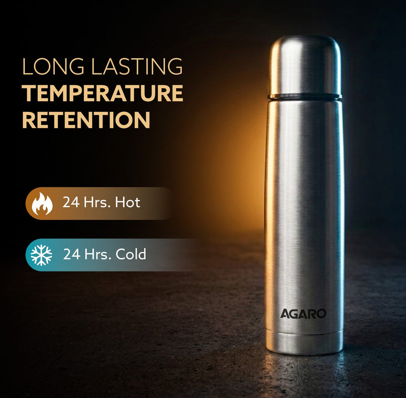 AGARO Delite Stainless Steel Flask with Bag, 1000ml, Up to 24 Hrs Hot & Cold, ISI Certified, Triple Vacuum Insulated, Le