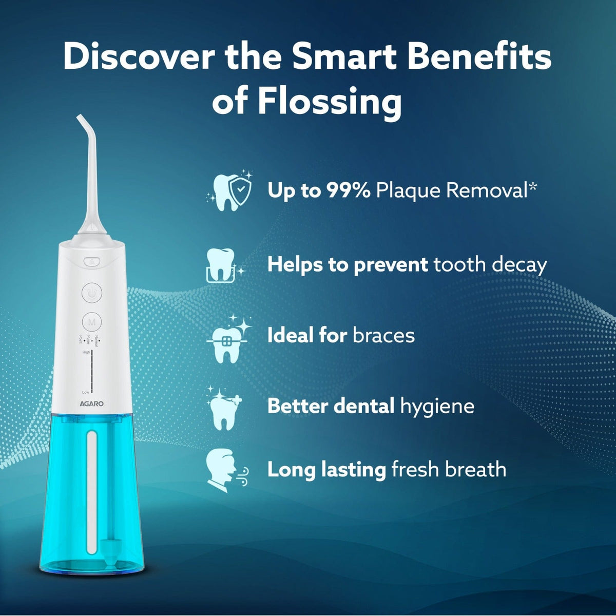 AGARO Galaxy Oral Irrigator, Portable, Cordless, Rechargeable, 3 Cleaning Modes, 6 Pressure Levels in Each Mode, IPX7 Waterproof, 230ml Water tank, Flossing at Home & Travel, White & Blue-3