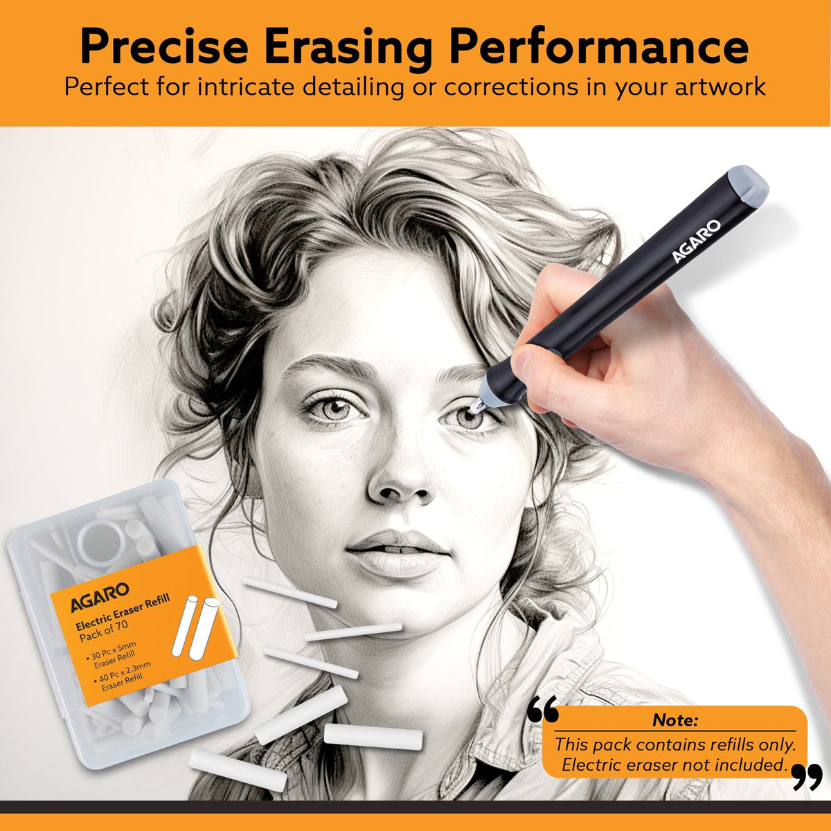 AGARO Electric Eraser Refill Pack of 70, 2.3mm & 5mm Eraser, Sketching, Drawing, Portrait Shading