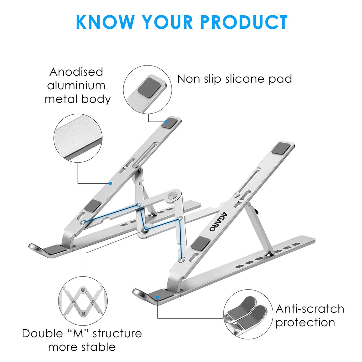 AGARO LS1821 Foldable Laptop Stand, 7 Adjustable Levels, Non Slip Silicone Pads, Aluminium Built, Laptop, Tablet, Books (Silver)-3
