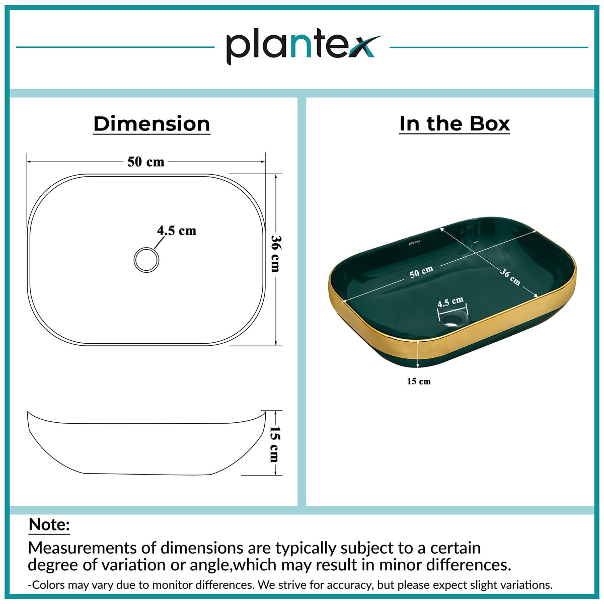 Plantex Wash Basin/Ceramic Table Top Wash Basin/Countertop Basin for Bathroom/Restaurants/Hotel Rectangular Green & Gold - 20 x 14 x 6 Inch)-2
