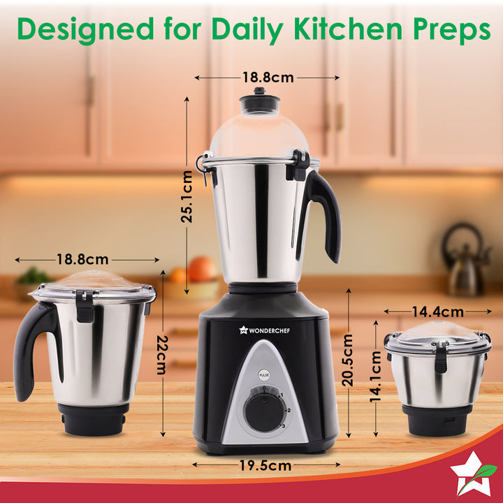 Hush BLDC Mixer Grinder | 3 Jars for Blending, Dry Grinding, Chutney Grinding | Low Friction | Low Noise | Conserves Power | Grind Masalas, Nuts, Coconut to Fruits/Vegetables | RPM 18,000