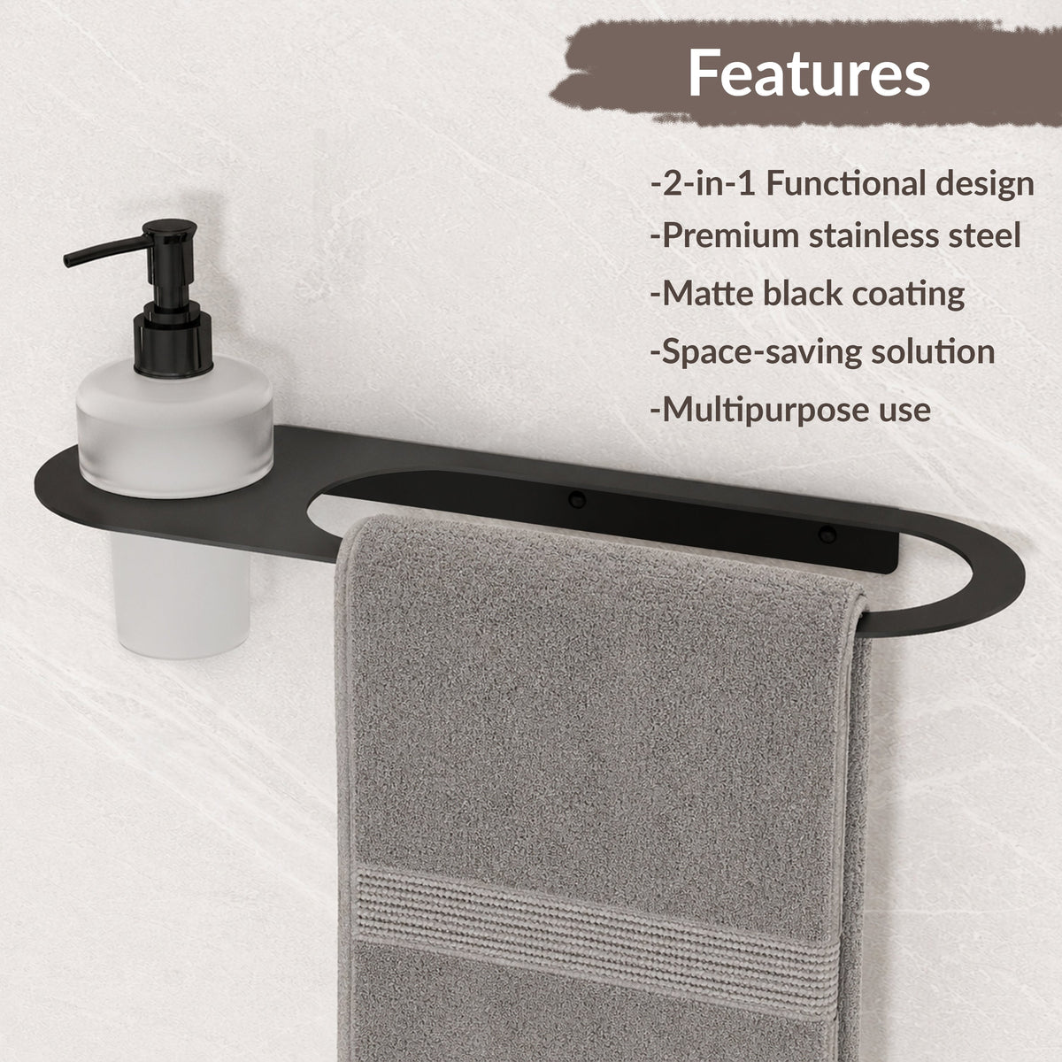 Plantex Stainless Steel Napkin Ring with Soap Dispenser for Bathroom/Bathroom Towel Hanger for Wall/Towel Ring Bathroom Accessories - Pack of 1 (Black)-5