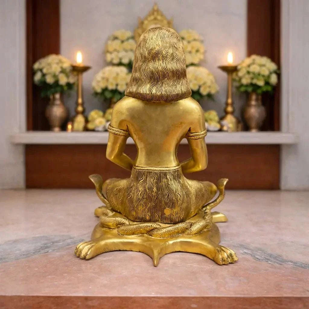 Brass Saint Gorakhnath Statue Sitting On Naag And Lion (14 Inch)