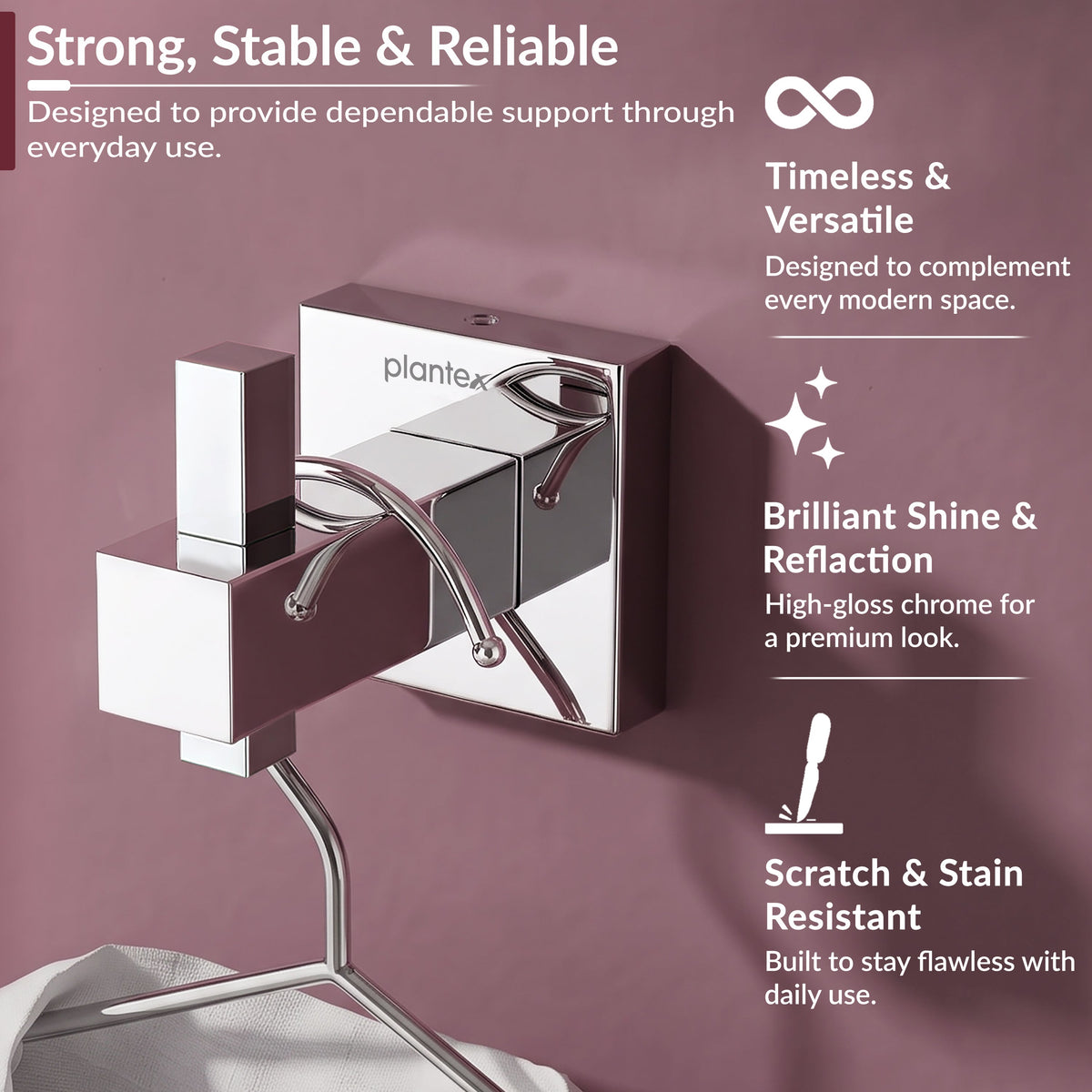 Plantex Aqua Heavy-Duty Stainless Steel Robe Hook/Cloth-Towel Hanger/Bathroom Accessories - Chrome (Pack of 1)-3