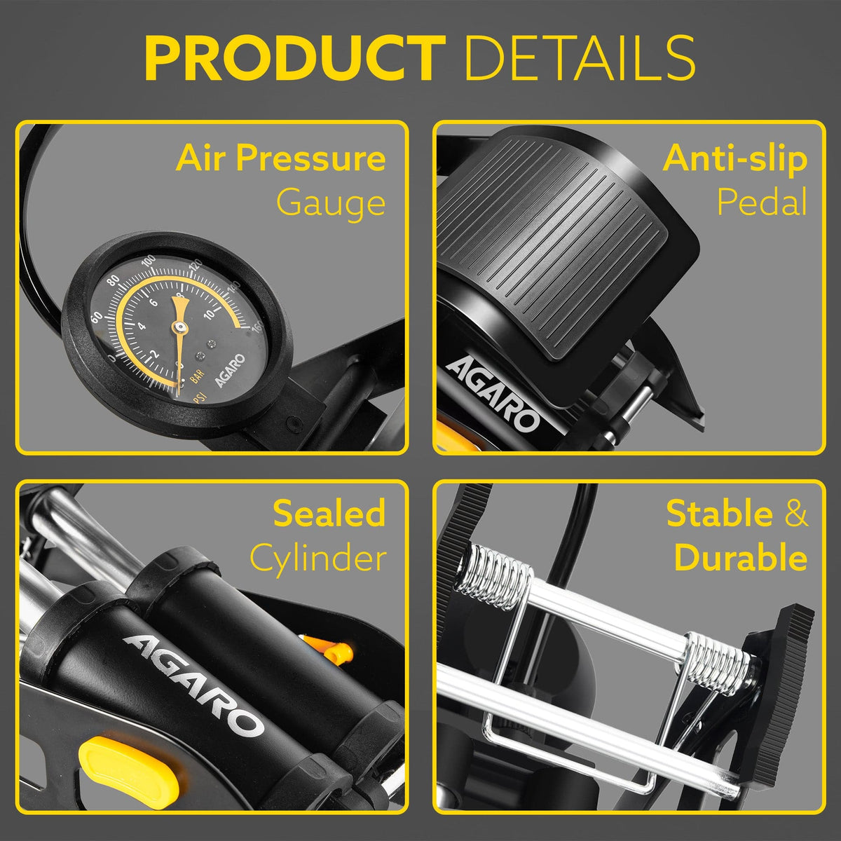 AGARO Foot Tyre Inflator, Double Cylinder Rapid Inflation, 160 PSI, High-Pressure Foot Air Pump with Integrated Gauge fo