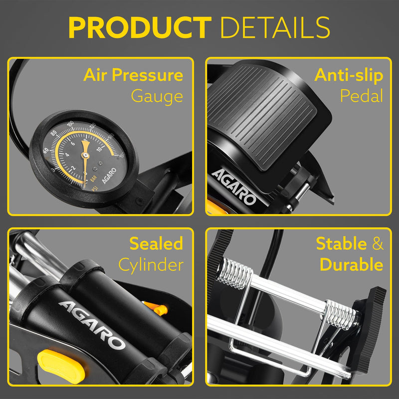 AGARO Foot Tyre Inflator, Double Cylinder Rapid Inflation, 160 PSI, High-Pressure Foot Air Pump with Integrated Gauge fo
