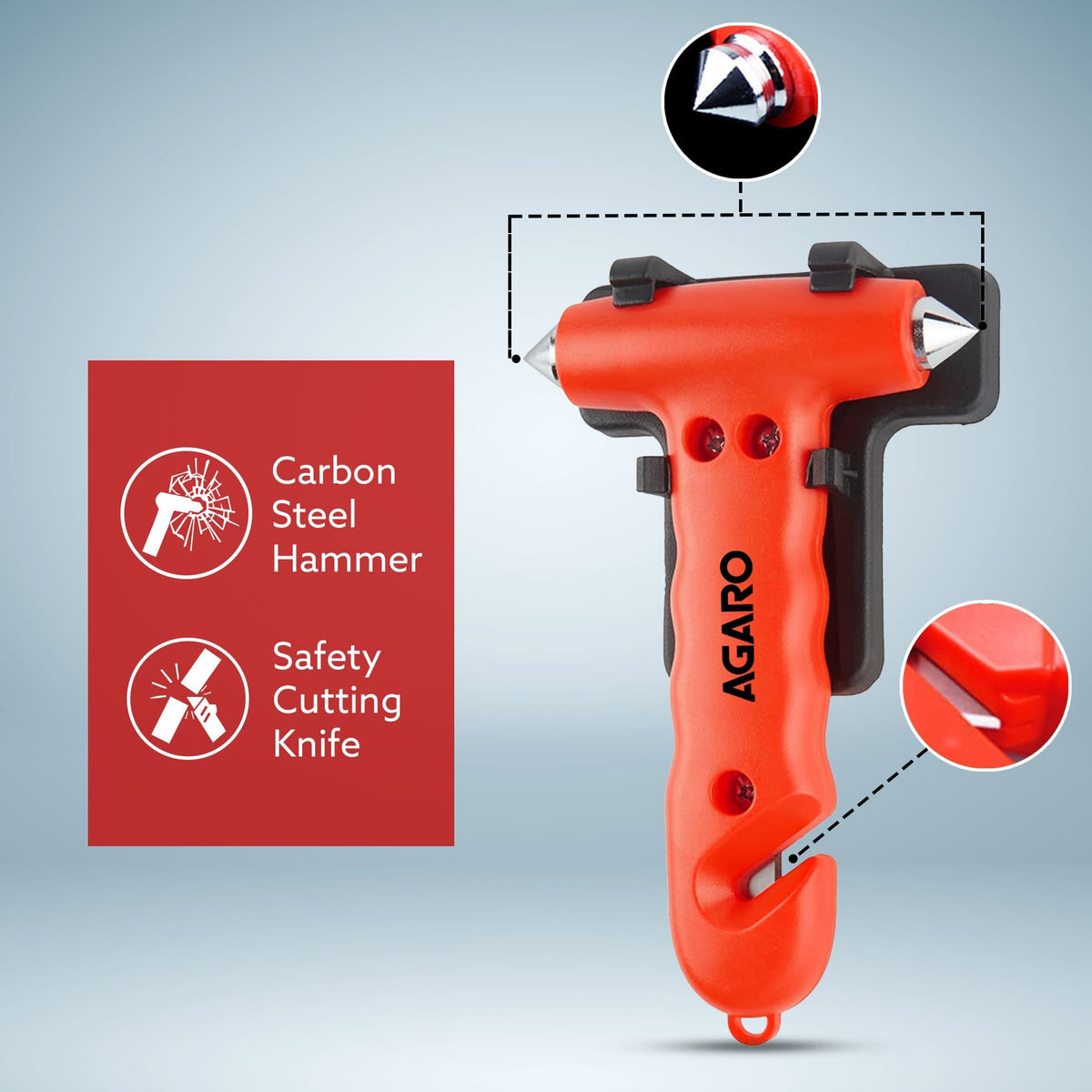 AGARO 2-in-1 Car Safety Window Hammer and Seat Belt Cutter – Emergency Escape Tool with Glass Breaker & Sturdy Holder, Ideal for Vehicle Roadside Emergencies-3