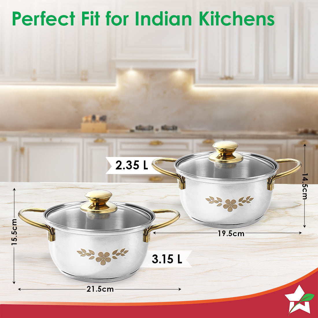 Wonderchef Gold Stanton 2 Pc Casserole Set with Glass Lids, 20 cm/22 cm, Chemical-free Food-grade Stainless-steel, Gold 