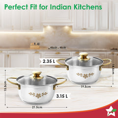 Wonderchef Gold Stanton 2 Pc Casserole Set with Glass Lids, 20 cm/22 cm, Chemical-free Food-grade Stainless-steel, Gold 