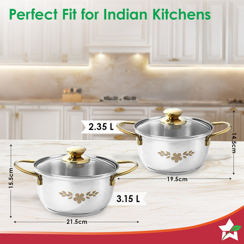 Wonderchef Gold Stanton 2 Pc Casserole Set with Glass Lids, 20 cm/22 cm, Chemical-free Food-grade Stainless-steel, Gold 