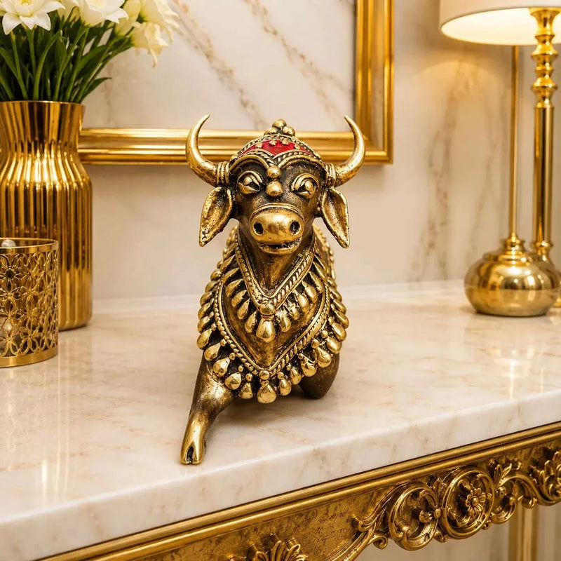 Brass Handcrafted Dhokra Sitting Nandi Idol (4.5 Inch)