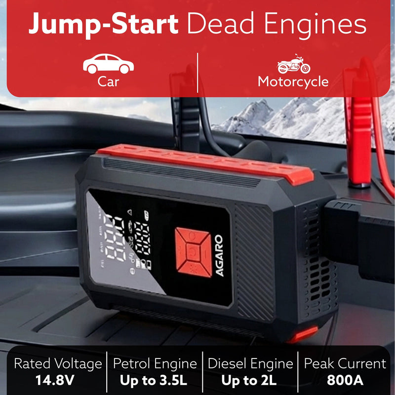 AGARO Regal Tyre inflator & Jump Starter, For Cars & Bikes, 12V, Upto 150 PSI, 10000 mAH Powerful Battery, LED Light, Di