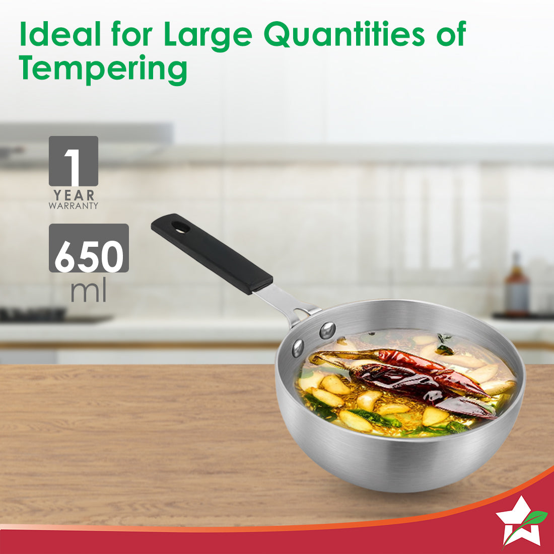 Wonderchef Venice Tri-ply Stainless-steel Mini Wok Tadka Pan | 650 ml, 14 cm | Cool-touch Silicone Handle | Warp-resista