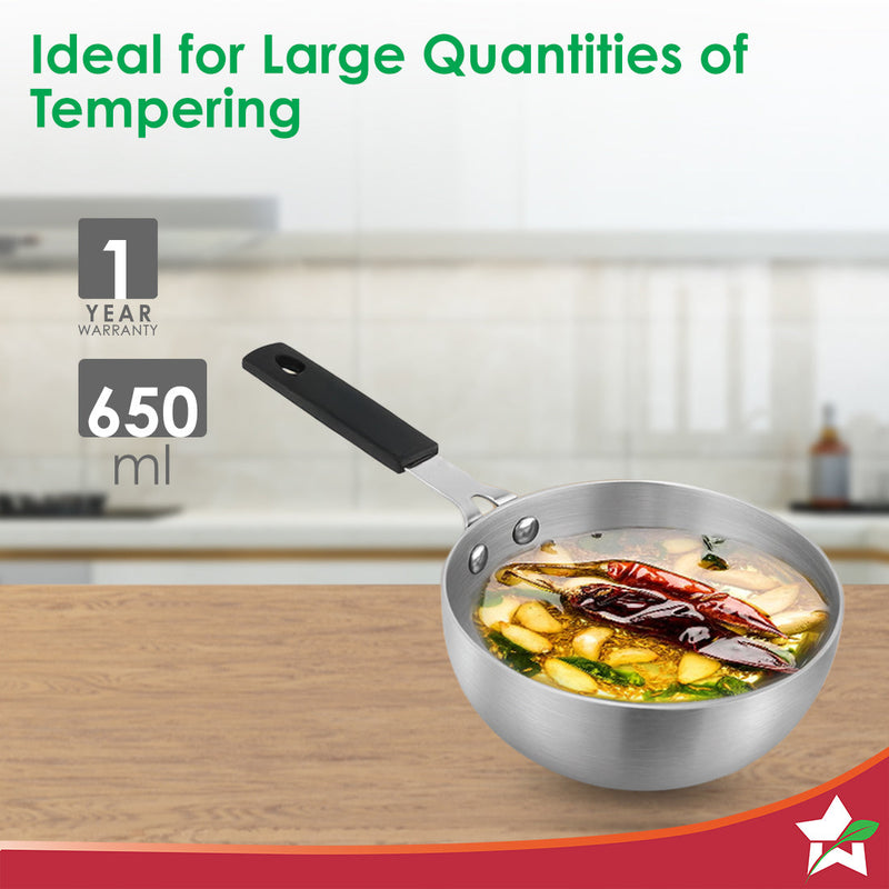 Wonderchef Venice Tri-ply Stainless-steel Mini Wok Tadka Pan | 650 ml, 14 cm | Cool-touch Silicone Handle | Warp-resista
