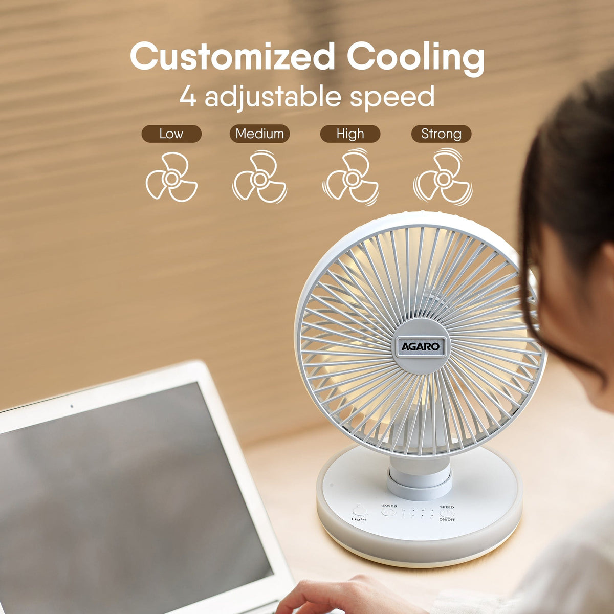 AGARO Alpha Desktop Fan with Light, 6 Inches, 4 Speeds, Oscillating Table Fan, Brushless Motor, Wide Angle Adjustment, U