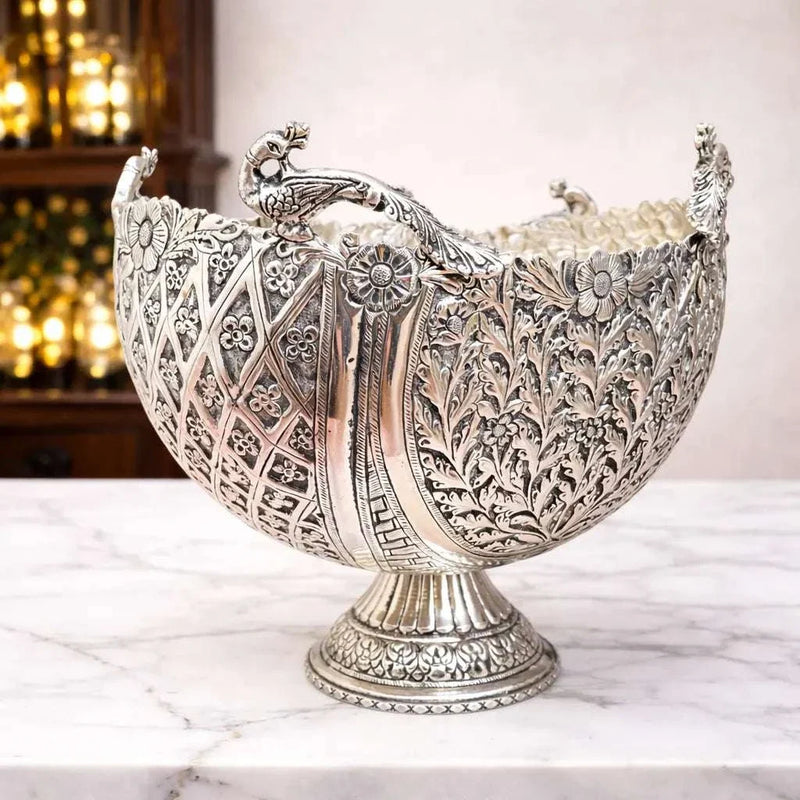Brass Silver Plated Decorative Basket with Peacock Design (10 Inch)