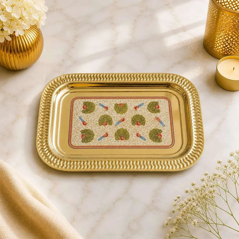 Brass Hand Painted Peacock Serving Tray / Platter