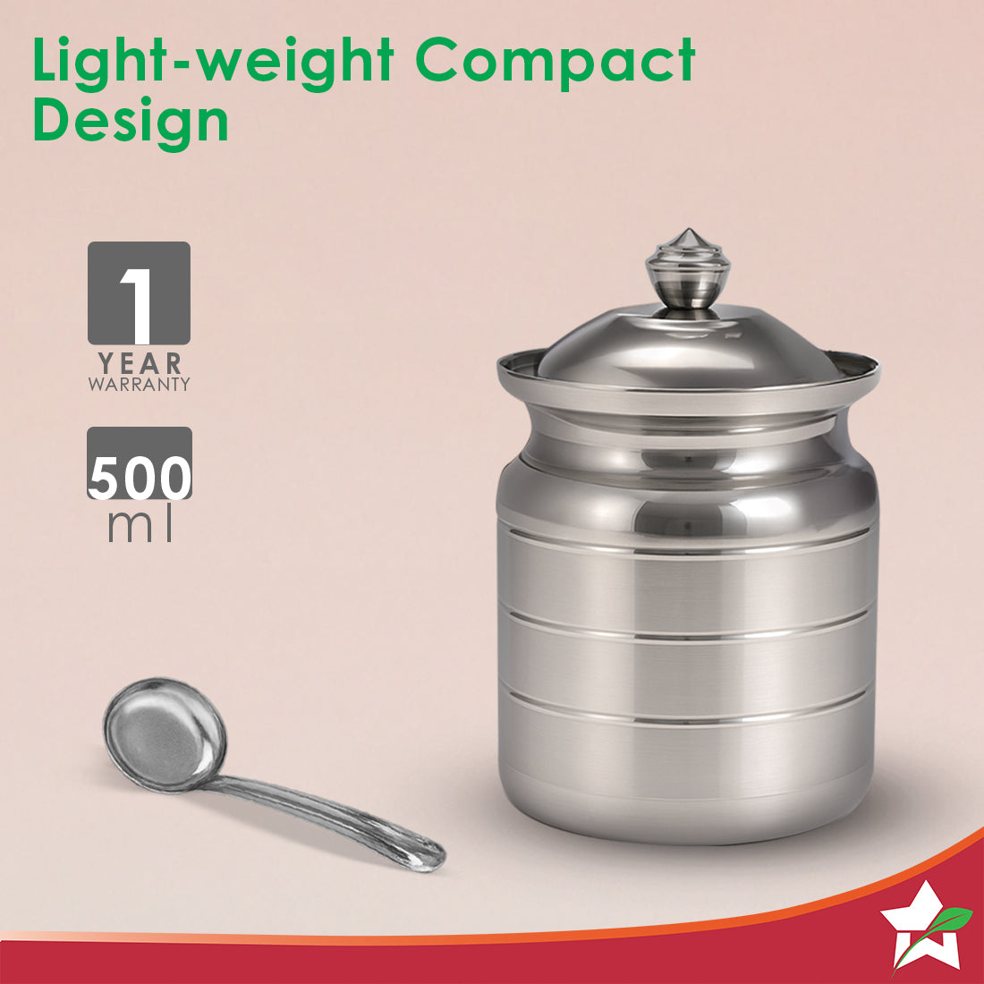 Wonderchef Ambrosia Premium Stainless-steel Ghee Pot with Spoon & Lid, 500 ml, Tight SS Lid, Rust-resistant & Durable Ma