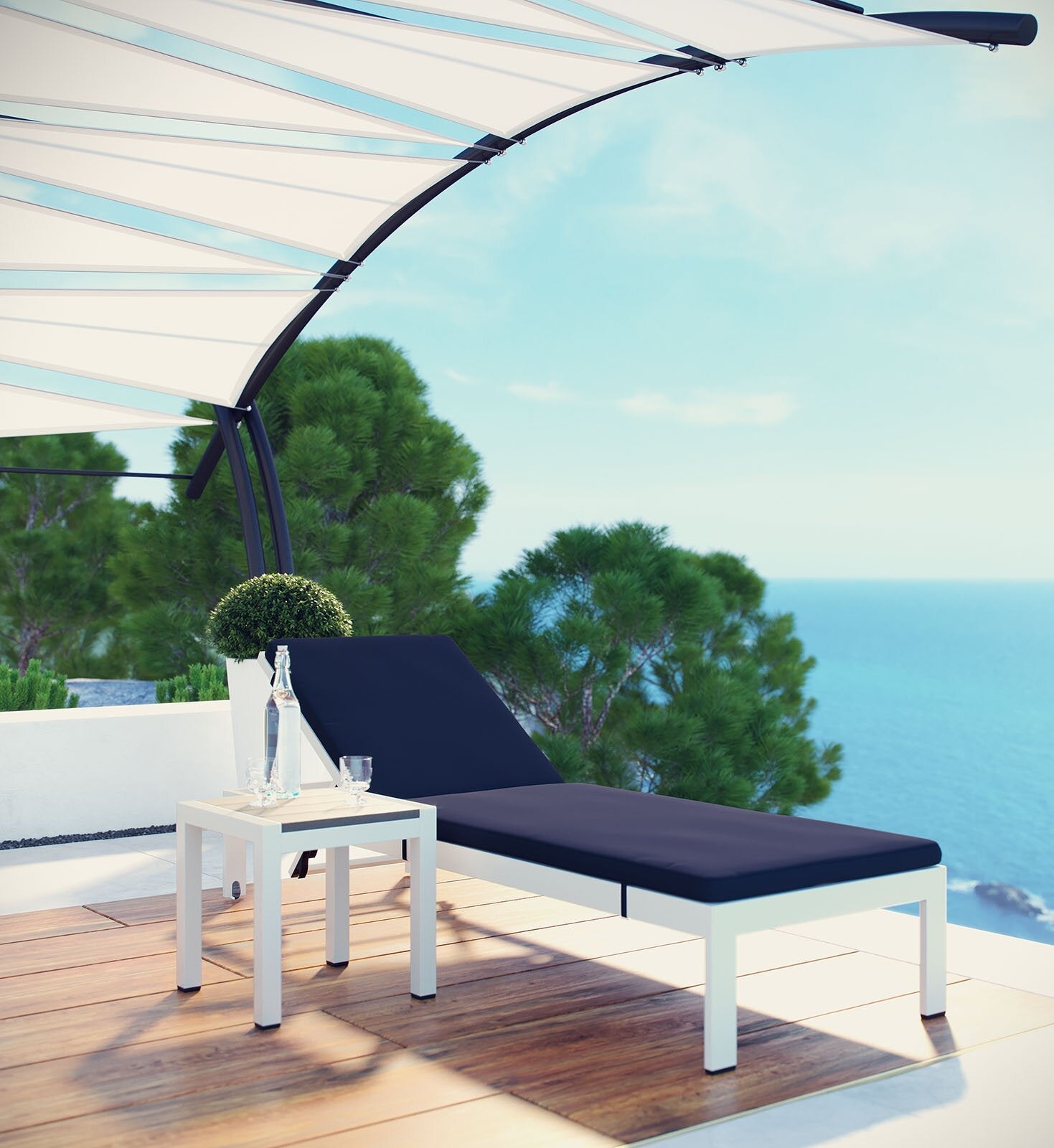Bright Outdoor Swimming Poolside Lounger With  1 Side Table (White)