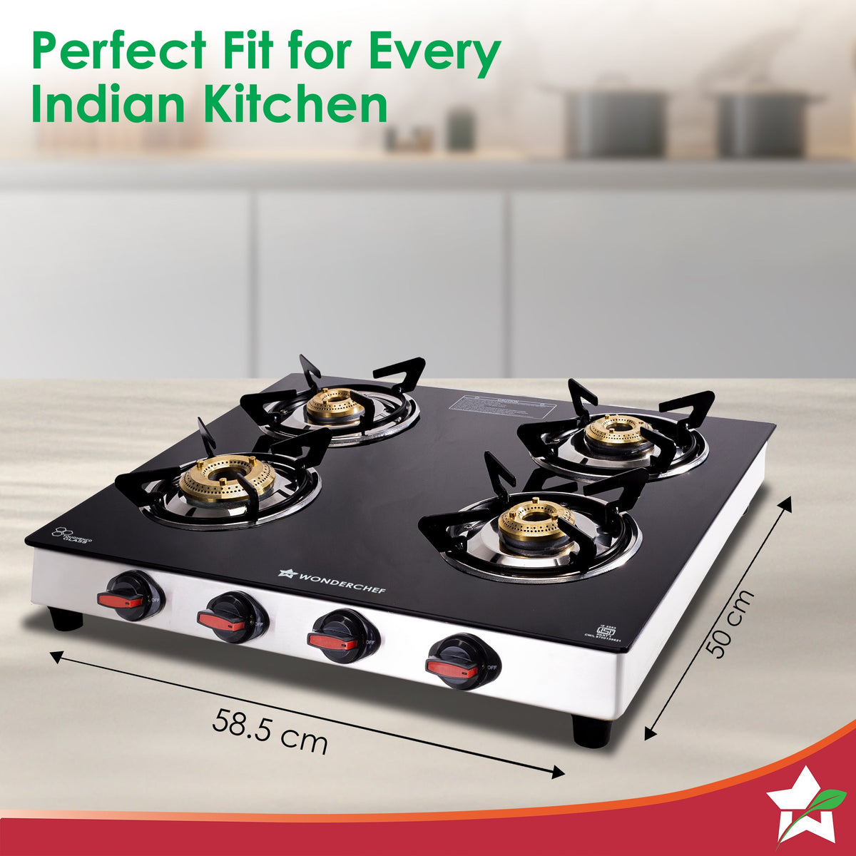 Wonderchef Regal 4 Brass Burner Gas Stove, LPG Gas Stove for Kitchen, ISI Toughened Glass Surface, SS Frame, Spill-proof