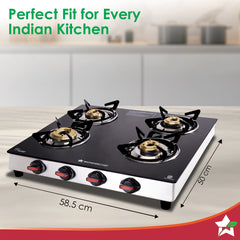 Wonderchef Regal 4 Brass Burner Gas Stove, LPG Gas Stove for Kitchen, ISI Toughened Glass Surface, SS Frame, Spill-proof