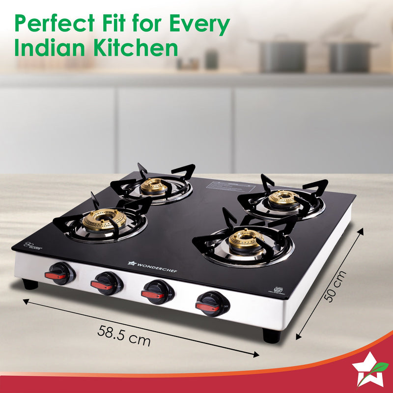 Wonderchef Regal 4 Brass Burner Gas Stove, LPG Gas Stove for Kitchen, ISI Toughened Glass Surface, SS Frame, Spill-proof