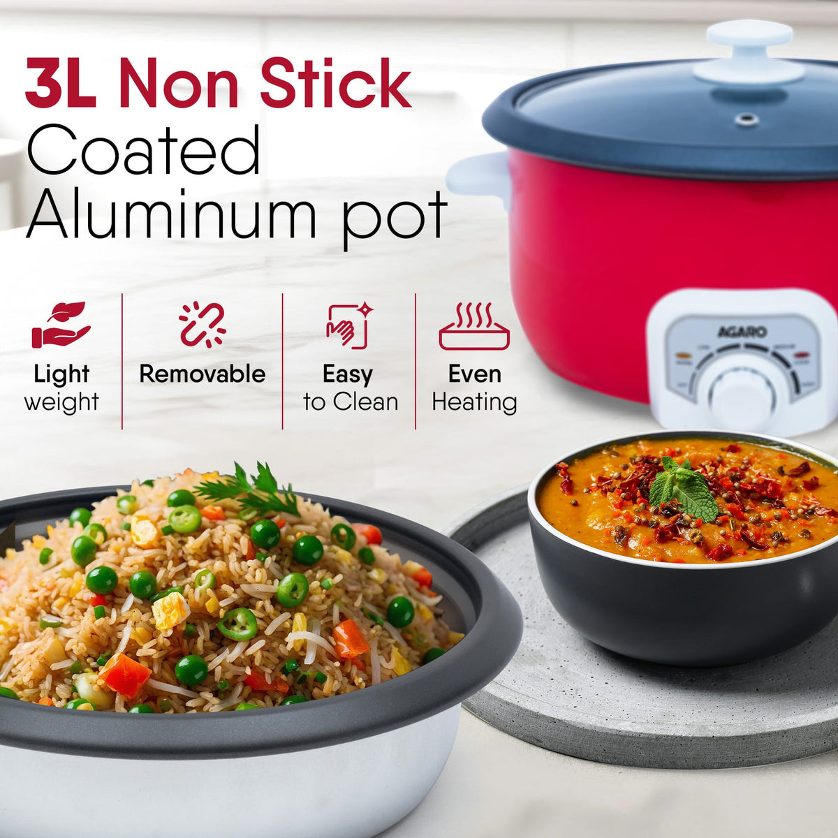 AGARO Regal Electric Multi Cooking Pot, 3L, 1200W, Automatic Boiler, Steamer, Fryer, Aluminium Pot, Glass Lid, Adjustabl