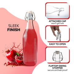 AGARO Elegant Flip Top Glass Bottle 1L, 1000ml, Freezer Safe & Leakproof Flip Cap Colour & Stylish