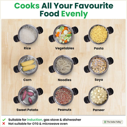 Tri-steel Stainless Steel Rice Pot with Strainer Lid & Lockable Bakelite Handles, Tri-ply 3-Layer Heavy Bottom | Noodle/Pasta/Corn/Soya/Veggies Boiler Pot, Steamer Cooker, Induction & Gas, 1.08 Kg, 19cm, 3.5 L