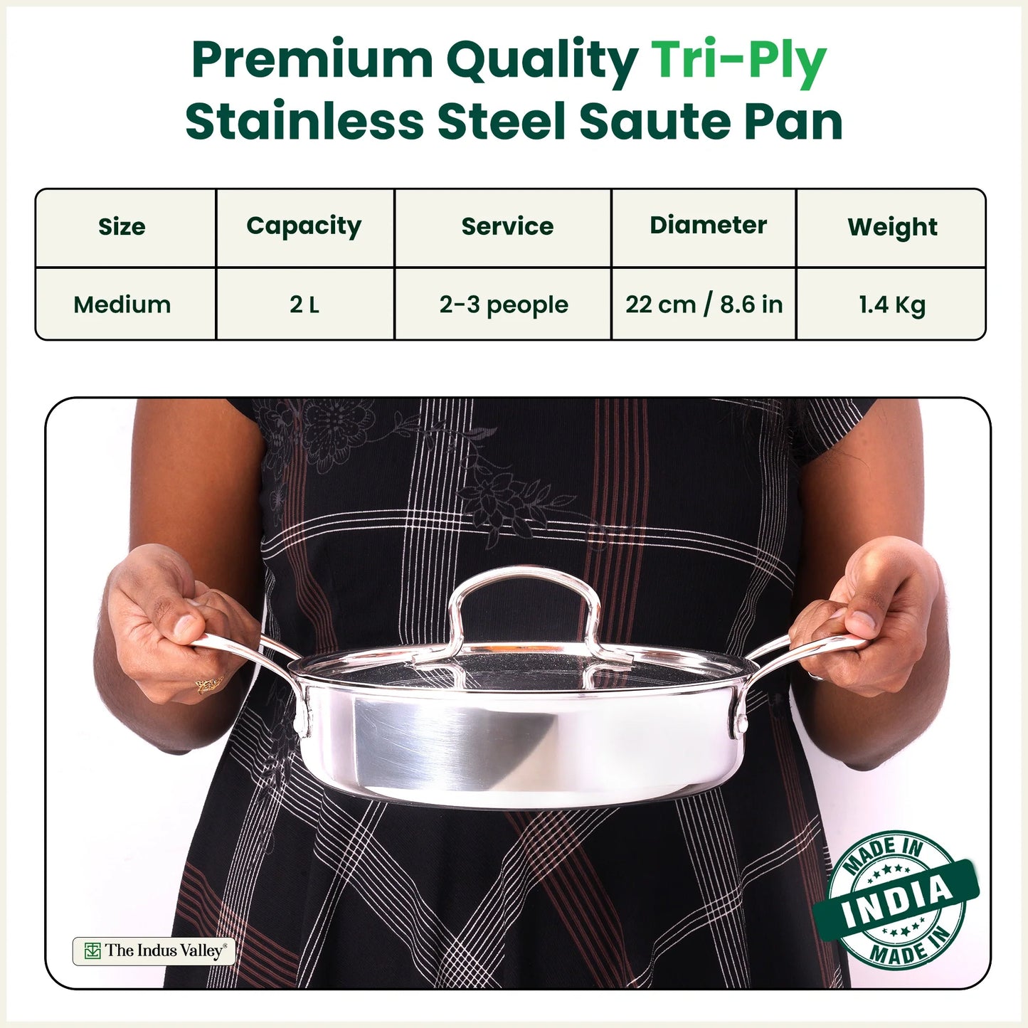 Tri-ply Stainless Steel Saute Pan (22cm, 2L) – No Sticking, No Burning | With Steel Lid | Fast Heating, Healthy Cooking | Induction Safe