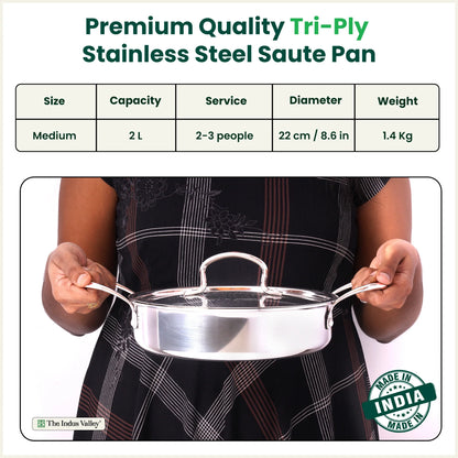 Tri-ply Stainless Steel Saute Pan (22cm, 2L) – No Sticking, No Burning | With Steel Lid | Fast Heating, Healthy Cooking | Induction Safe