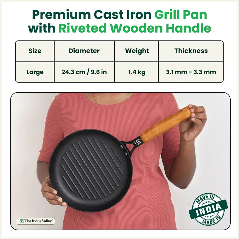 CASTrong Cast Iron Grill Pan with Wooden Handle,Pre-seasoned, 100% Pure, Toxin-free, Induction, 24.3cm, 1.4kg