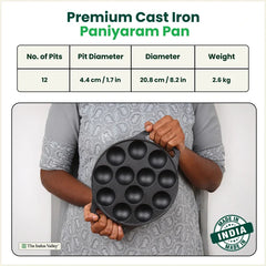 CASTrong Cast Iron Premium Paniyaram Pan, Pre-seasoned, Nonstick, 100% Pure, Toxin-free, Medium 20.8cm, 2.6kg