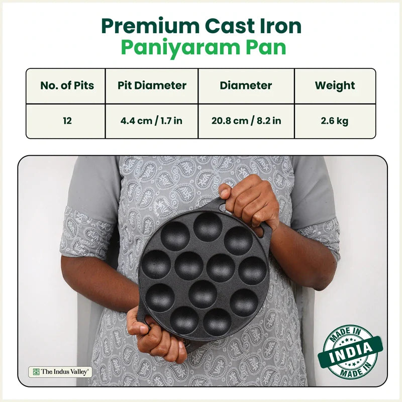 CASTrong Cast Iron Premium Paniyaram Pan, Pre-seasoned, Nonstick, 100% Pure, Toxin-free, Medium 20.8cm, 2.6kg