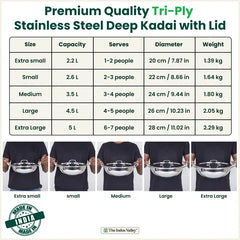 Tri-ply Stainless Steel Kadai with Steel Lid, Premium Quality, 3 Layer Thick Body, 100% Toxin-free, Non-stick, Induction & Gas, 20cm/22cm/24cm/26cm/28cm