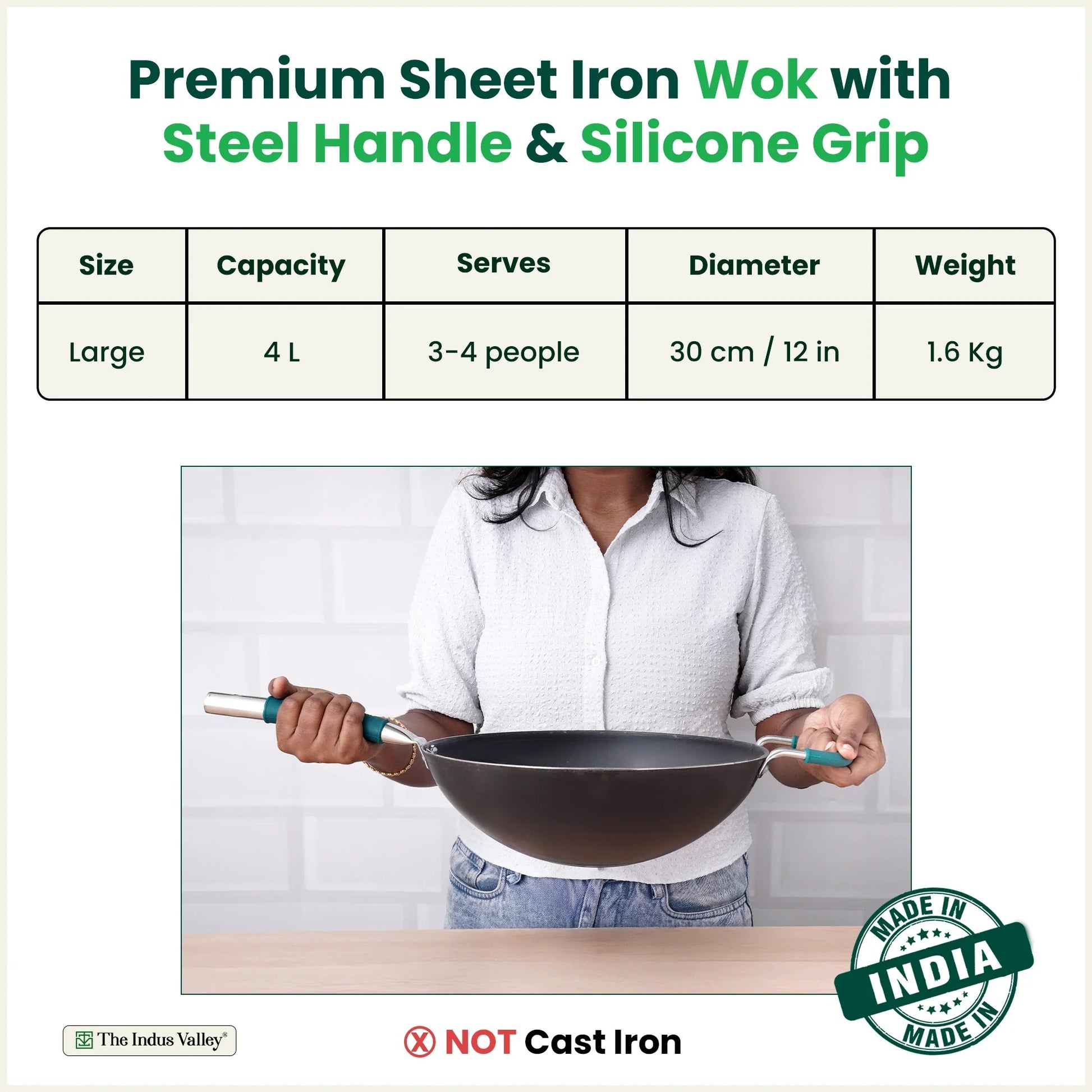 100% Pure Sheet Iron Wok Steel handle with silicone grip & Helper Handle, Toxin-free Sheet Iron, Pre-seasoned, 4L /30 Cm