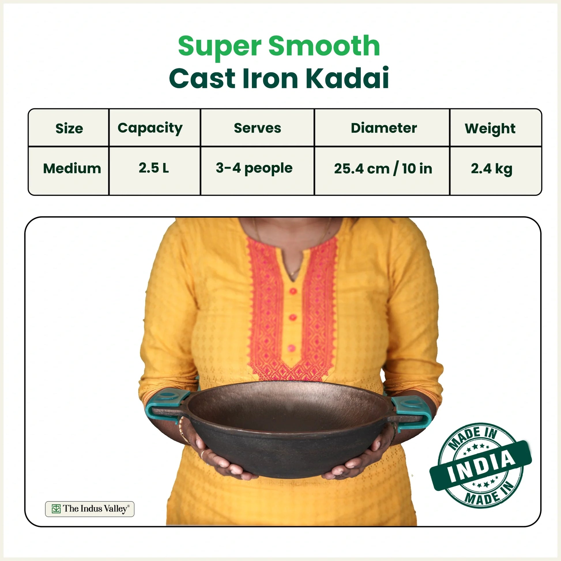 Super Smooth Cast Iron Kadai, Naturally Non-stick, Premium Quality, Toxin-free, 2.5L / 2.4Kg / 10 In