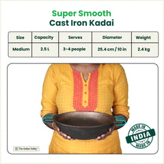 Super Smooth Cast Iron Kadai, Naturally Non-stick, Premium Quality, Toxin-free, 2.5L / 2.4Kg / 10 In