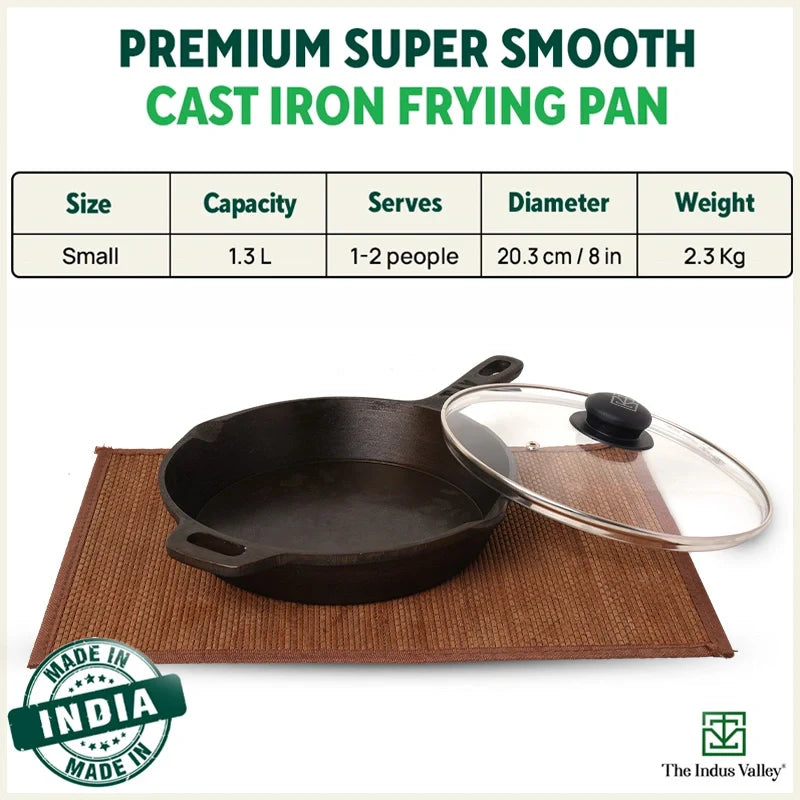 Super Smooth Cast Iron Fry Pan, Glass Lid, 100% Pure, Toxin-free, Pre-seasoned, Induction, Non-stick, 20.3/25.4cm, 1.3/1.7L, 2.3/2.4kg