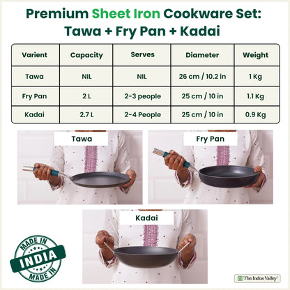 100% Pure Sheet Iron Cookware Set – Tawa, Fry Pan, Kadai with Silicone Handle, Pre-Seasoned, Induction & Gas Compatible + Free ₹400 Tadka Pan