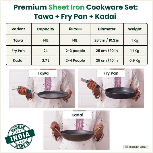 100% Pure Sheet Iron Cookware Set – Tawa, Fry Pan, Kadai with Silicone Handle, Pre-Seasoned, Induction & Gas Compatible + Free ₹400 Tadka Pan