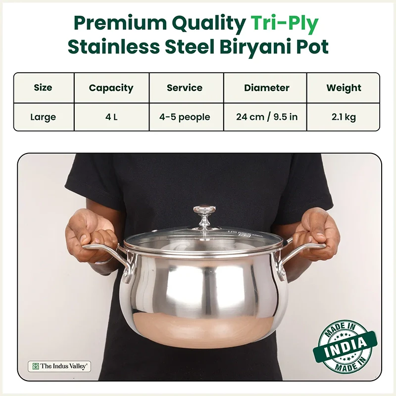 TurboCuk Tri-ply Stainless Steel Handi Casserole/ Biryani Cooking Pot+ Glass Lid, Premium Quality, 3 Layer Thick Body, 100% Toxin-free, Non-stick, Induction & Gas, 4L
