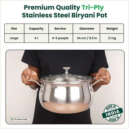 TurboCuk Tri-ply Stainless Steel Handi Casserole/ Biryani Cooking Pot+ Glass Lid, Premium Quality, 3 Layer Thick Body, 100% Toxin-free, Non-stick, Induction & Gas, 4L