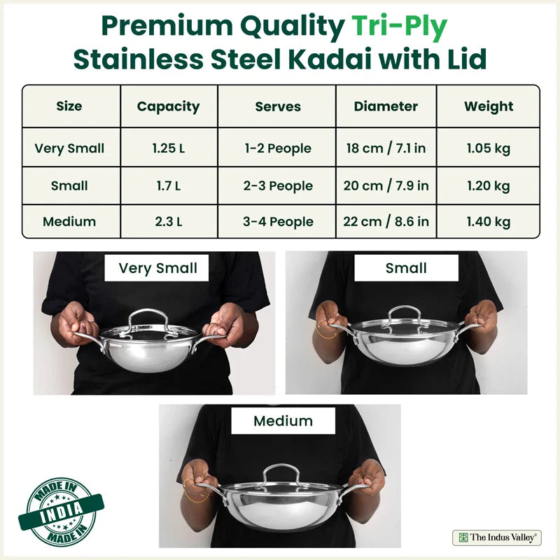 TurboCuk Tri-ply Stainless Steel Kadai+ Steel Lid, Premium Quality, 3 Layer Thick Body, 100% Toxin-free, Non-stick, Induction & Gas, 18 cm