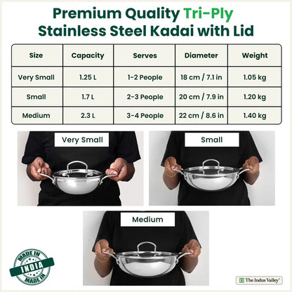 TurboCuk Tri-ply Stainless Steel Kadai+ Steel Lid, Premium Quality, 3 Layer Thick Body, 100% Toxin-free, Non-stick, Induction & Gas, 18 cm